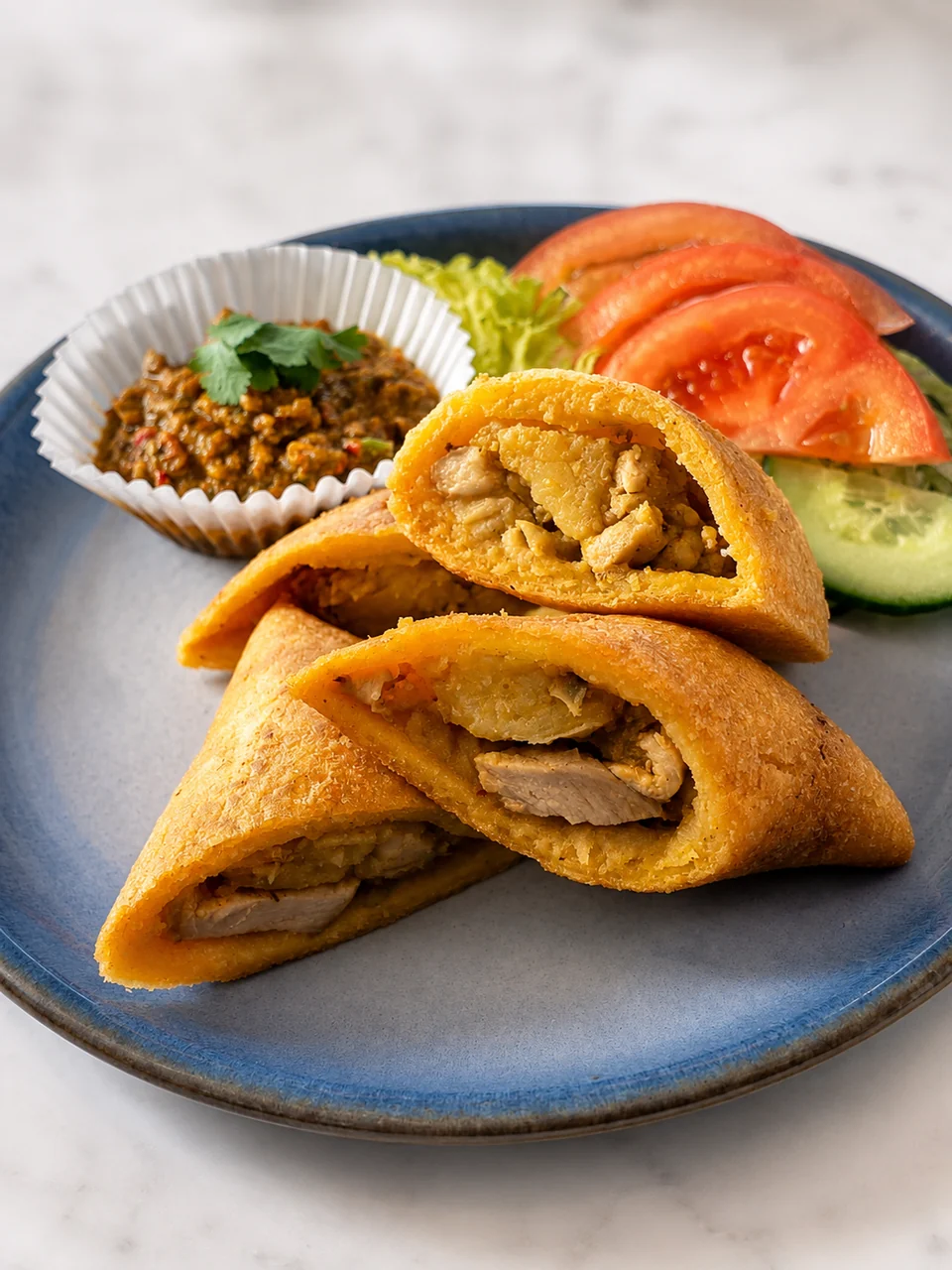 Chicken-filled flatbread with salad
