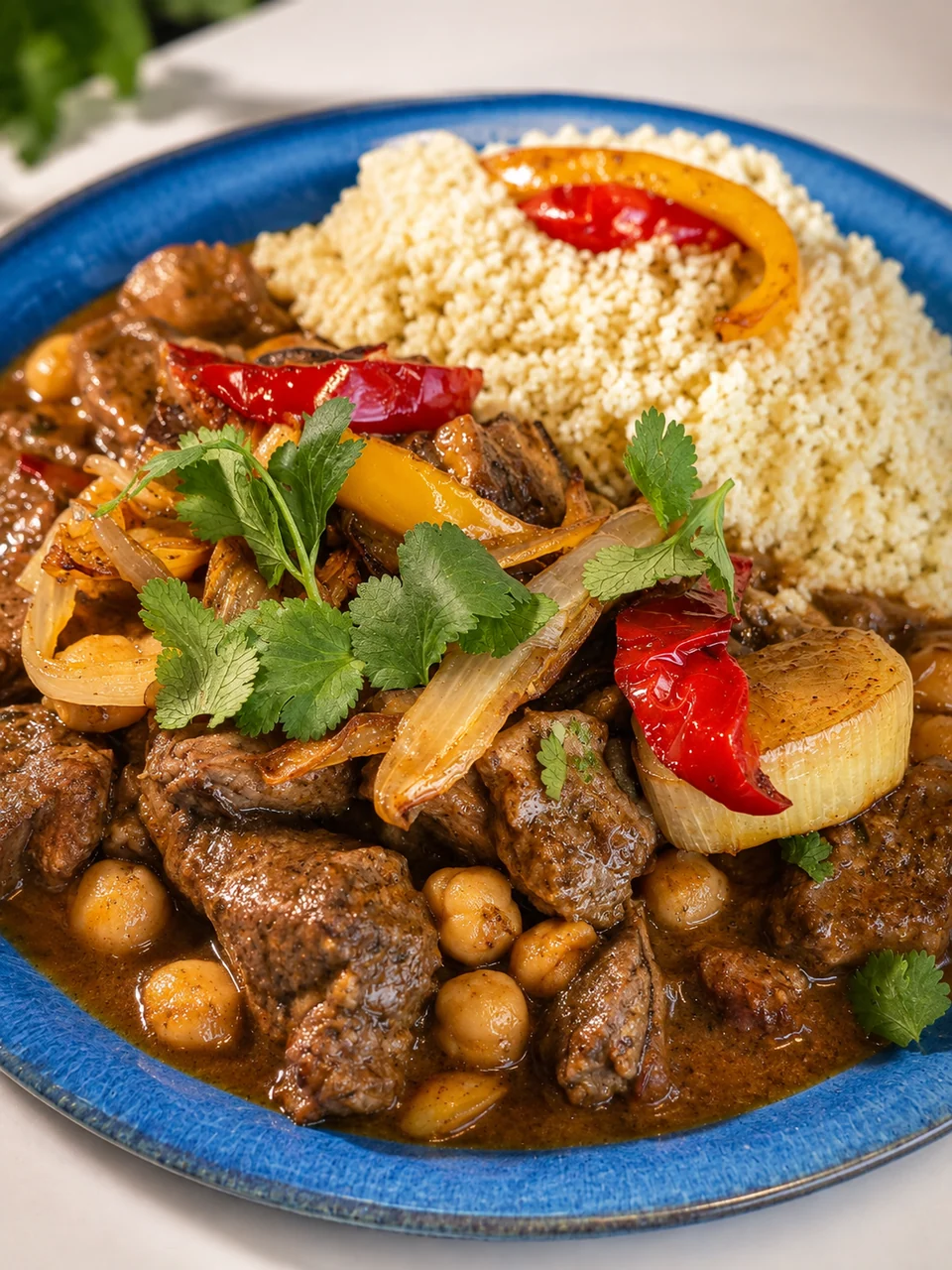 Stewed meat with chickpeas, peppers and couscous