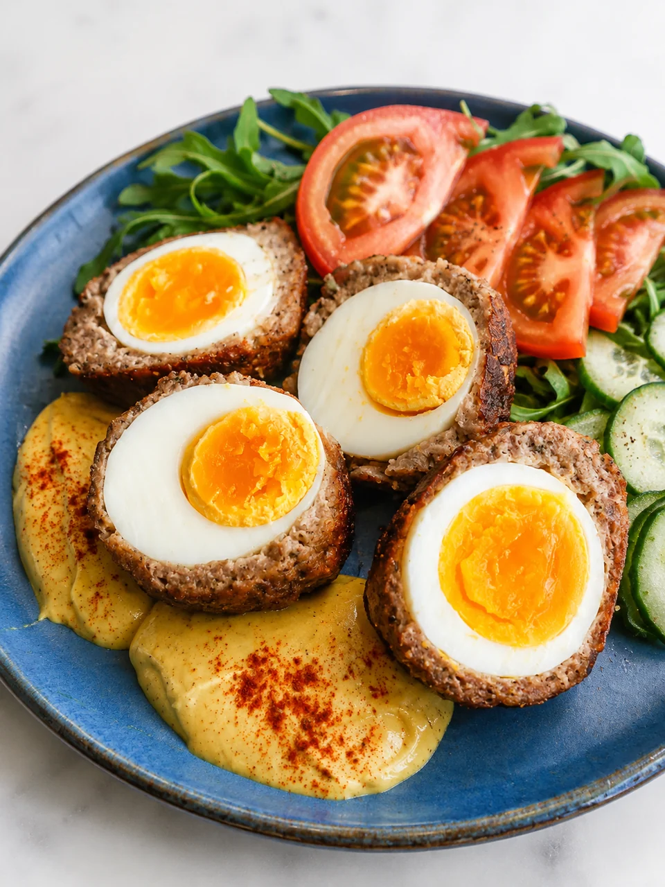 Scotch eggs with salad and sauce