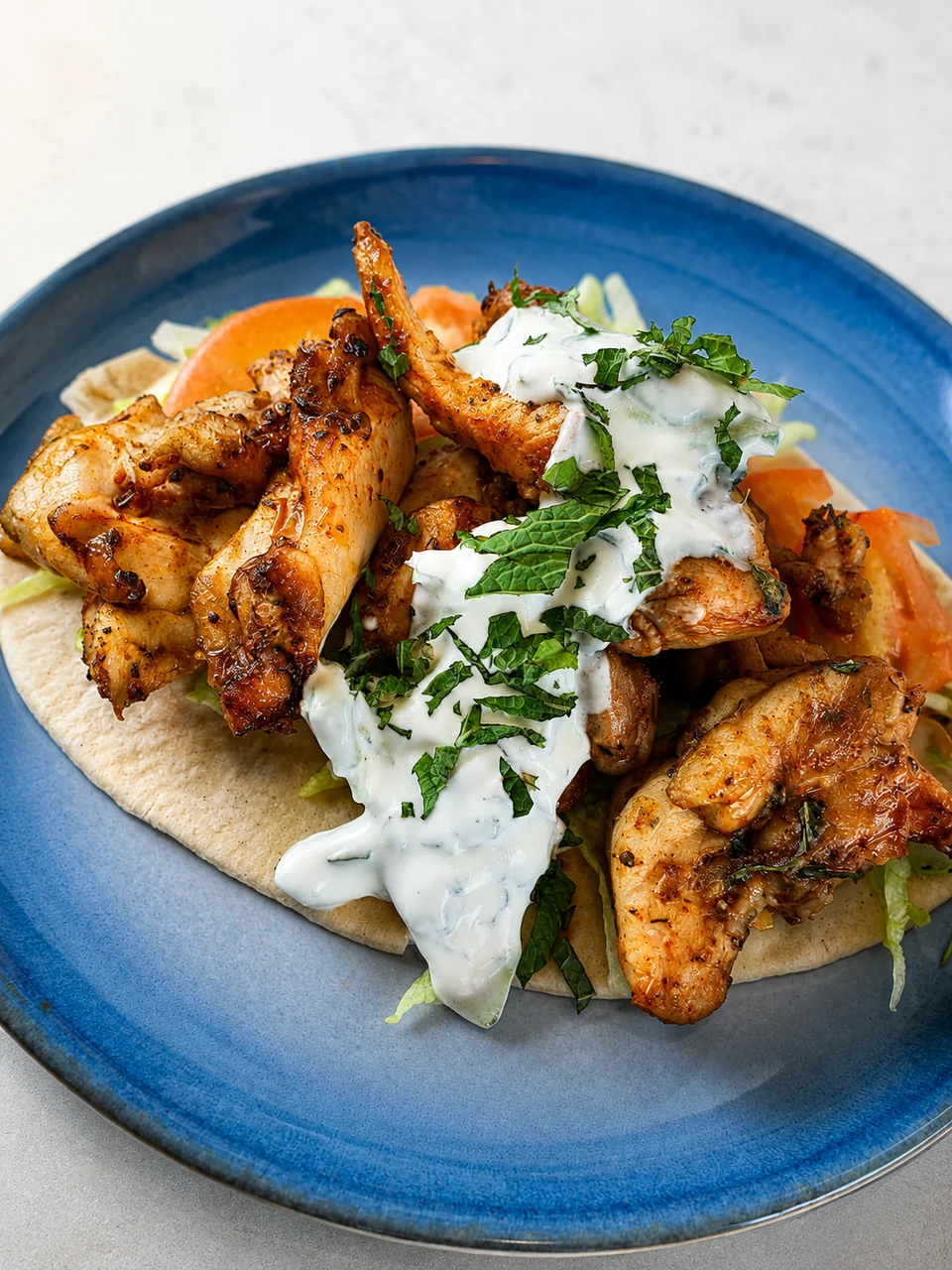 Chicken gyro with flatbread, salad and sauce