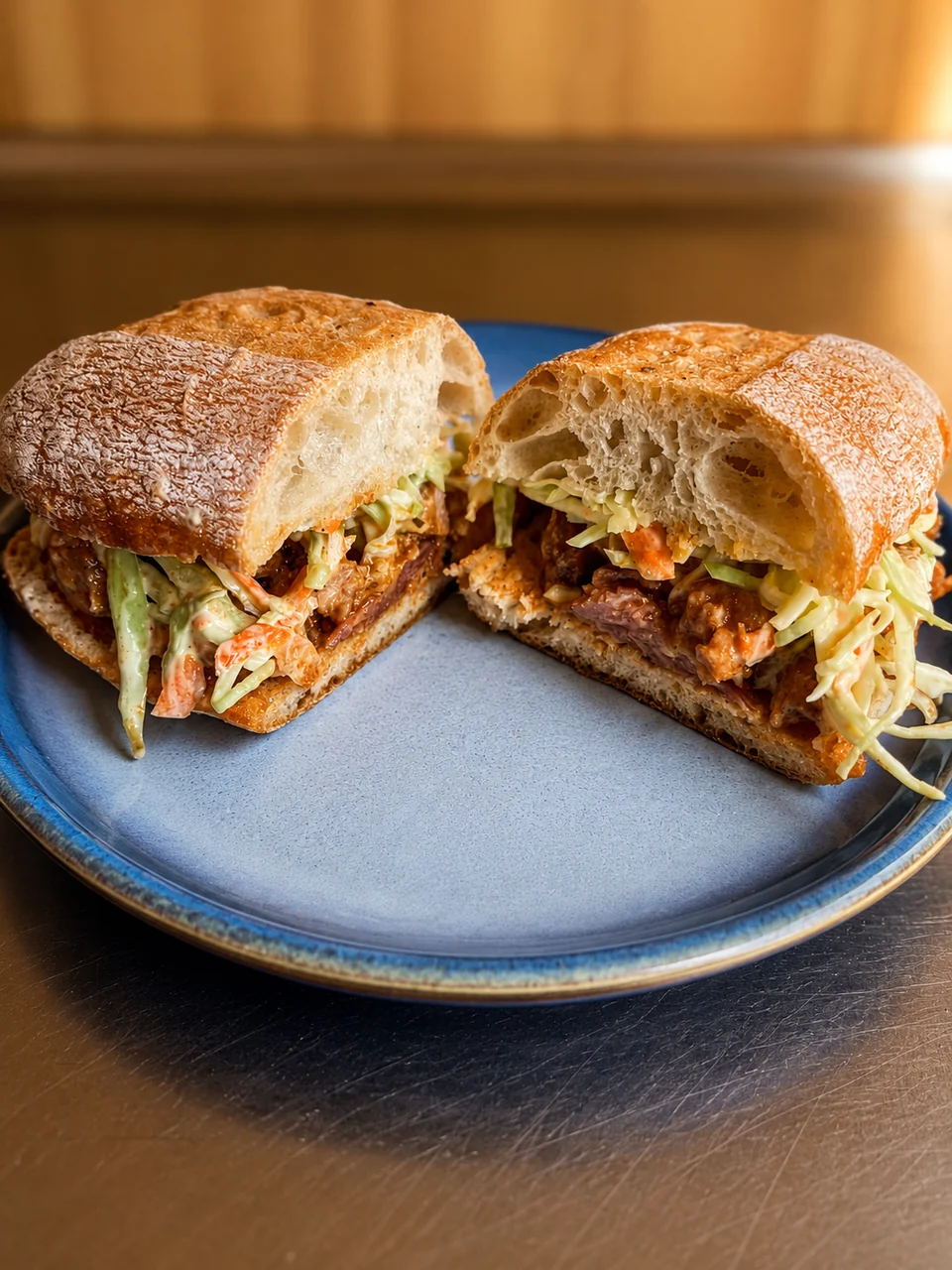 A filled ciabatta sandwich served on a blue plate